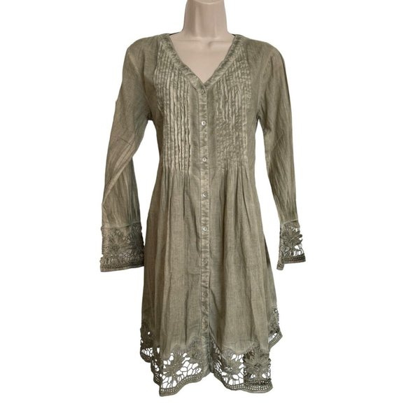 Raga Pintuck Pleat Lace Sleeve Green Shirt Dress Size XS oversized NWT - Picture 1 of 12